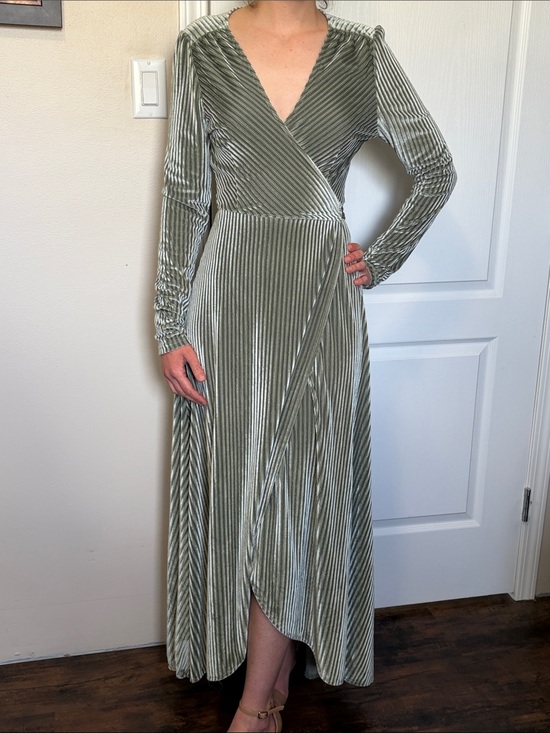 Dresses & Skirts - Long-Sleeve Olive Green Velvet Wrap Maxi Dress